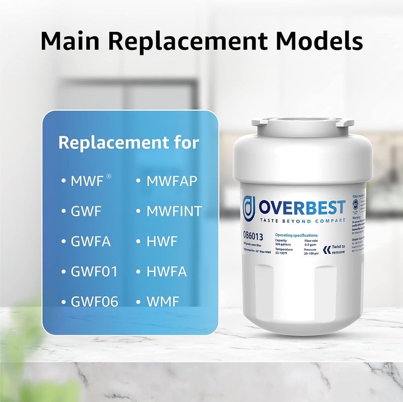 Overbest OB6013 Replacement for GEÂ® MWFÂ®, SmartwaterÂ® MWFP, MWFA, GWF, HDX FMG-1, WFC1201, GSE25GSHECSS, KenmoreÂ® 9991, RWF1060 Water Filter, 3 Filters - Image 2